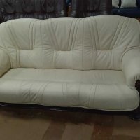 Кремав кожен диван с дървен обков - естествена кожа, снимка 4 - Дивани и мека мебел - 39676149