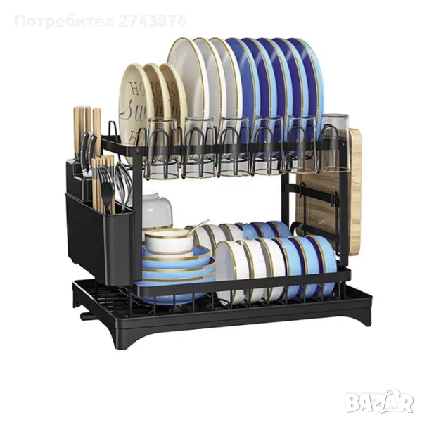 Сушилник за съдове,с преливник, с поставка за прибори и чаши, черен, размери 42 x 30 x 30 cm , снимка 1