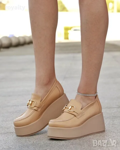 Обувки на платформа - бежова кожа, снимка 1