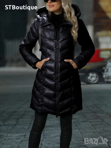 🧥 Дамско зимно яке със средна дължина в Черен и  цвят Кайсия , снимка 1
