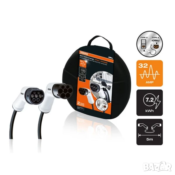 Кабел Osram за зарядно на електромобил с 7 пина тип 2 към тип 2 240V, 32A, 7.2KW, снимка 1
