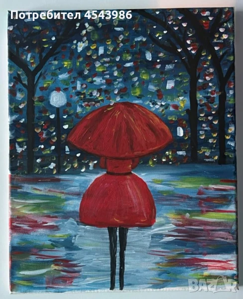 Момиче с червен чадър – Акрил върху платно, снимка 1