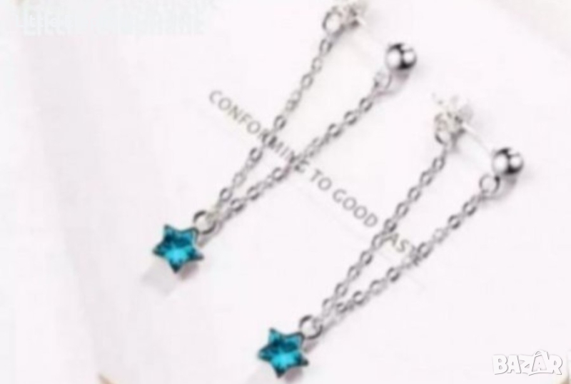 Сребърни висящи обеци,колекция"Stars"Звезди blue,с топчета/нови, снимка 1