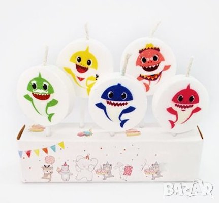 5 бр свещи свещ Бебе Акули Baby Shark за торта Рожден ден детско парти топери топер, снимка 1