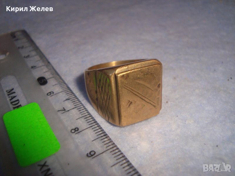 СТАР ПОЗЛАТЕН БРОНЗОВ РЕТРО АРТ ДЕКО ПРЪСТЕН с ПЕЧАТИ 18К 750 за КОЛЕКЦИЯ МАЙСТОРСКА ИЗРАБОТКА 24260, снимка 1