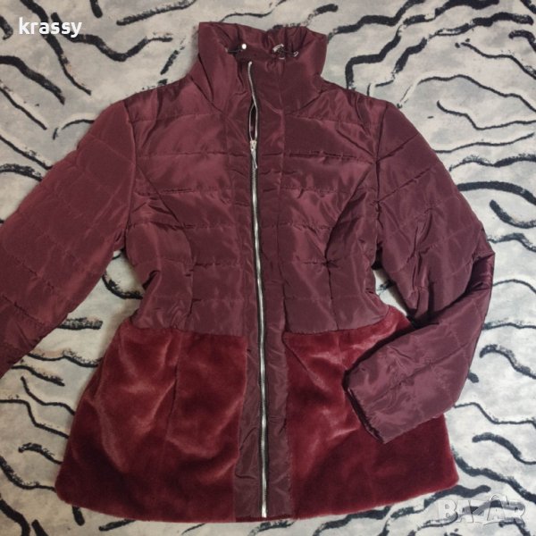 НОВО интересно макси тъмно червено дамско яке с пух (размер ХЛ), снимка 1