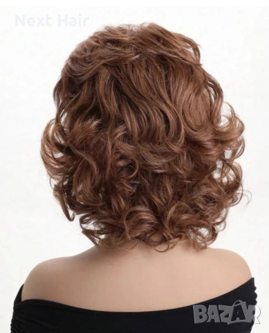 Къса дамска къдрава кафява синтетична перука с бретон, снимка 2 - Аксесоари за коса - 51991461