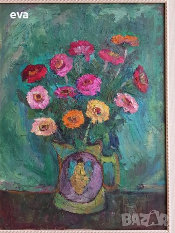 НЕВЕНА ДИМИТРОВА 1927 Натюрморт с Астри 1970те години, снимка 2 - Картини - 39155055