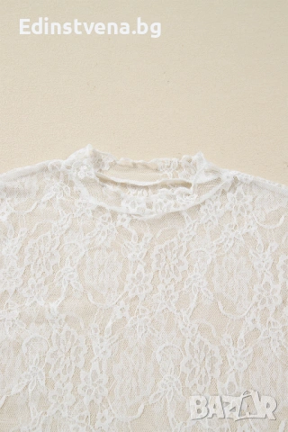 Дамска бяла дантелена блуза с ефектна яка и дълъг ръкав, снимка 8 - Блузи с дълъг ръкав и пуловери - 53029032