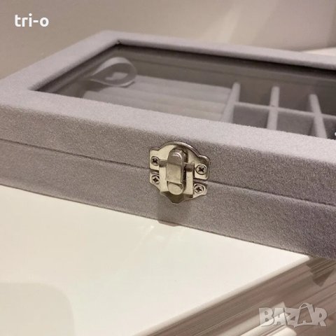 Сива кадифена кутия за съхранение на бижута със стъклен прозорец и органайзер, снимка 8 - Други - 43391847