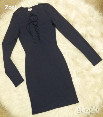 Тъмносиня рокля по тялото с дълбоко деколте с връзки от еластичен плат рипс ХС размер 