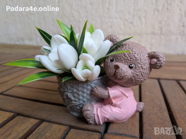 Букет свежи кокичета от ароматен сапун в керамична кашпа мече , снимка 7 - Декорация за дома - 53464091