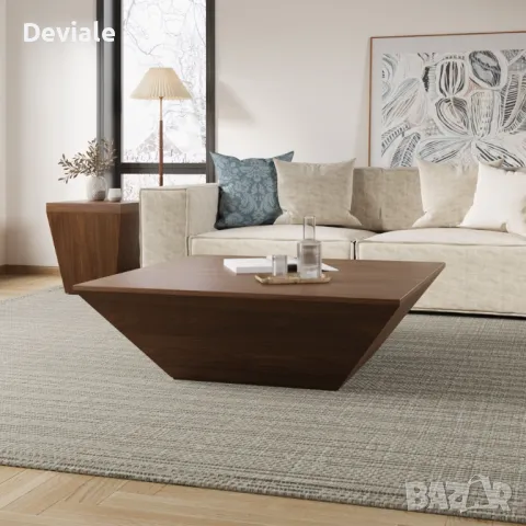 Модерна Минималистична дървена трапецовидна холна масичка за кафе с място за съхранение, орехов фурн, снимка 7 - Маси - 48397647