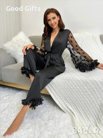 Луксозен дамски комплект с халат и панталон от сатен и дантела , снимка 6 - Нощници - 48546778