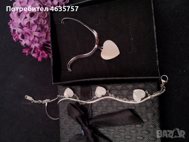 Колие и гривна със сърце/ Цвят на сърцата на гривната: бял, черен, снимка 2 - Колиета, медальони, синджири - 52304478