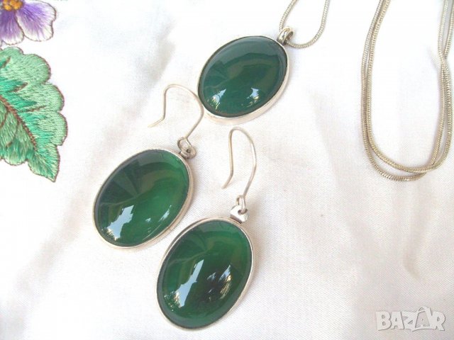  Сребърен Авторски Комплект- Обеци и Медальон с Нефрити, снимка 8 - Бижутерийни комплекти - 23946676