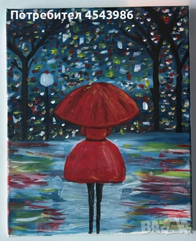 Момиче с червен чадър – Акрил върху платно