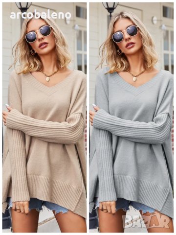 Дамски моден с голям размер секси пуловер с V-образно деколте, 2цвята - 023 , снимка 1 - Блузи с дълъг ръкав и пуловери - 43204764