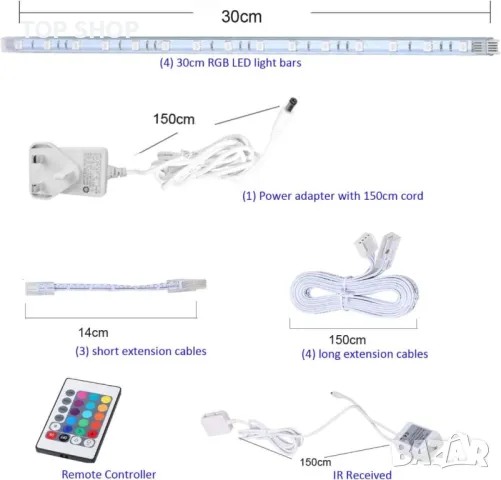 Универсален RGBW LED осветителен комплект Cefrank - 4 пакета от 30 см свързващи се ленти, снимка 2 - Лед осветление - 49522786