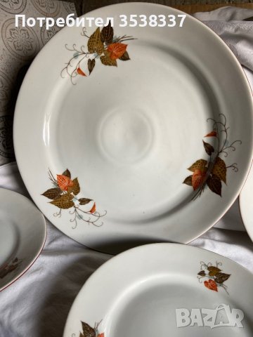 Голяма чиния/ плато с 6 малки чинии, есенни листа на Дянко Стефанов, ретро порцелан, снимка 2 - Сервизи - 39581837