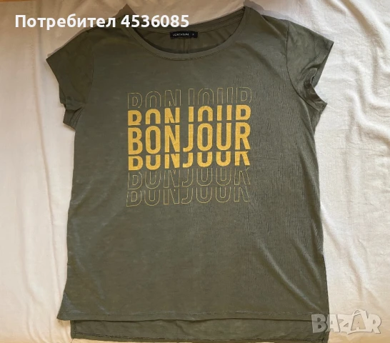 Маслено зелена дамска блуза/тениска LC Waikiki със златисти надписи-Размер XL