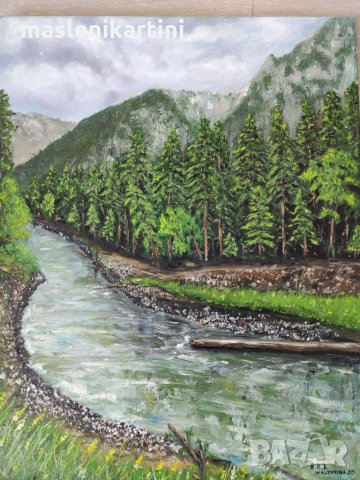 Маслена картина горски пейзаж Река в Рила , снимка 3 - Картини - 28797337