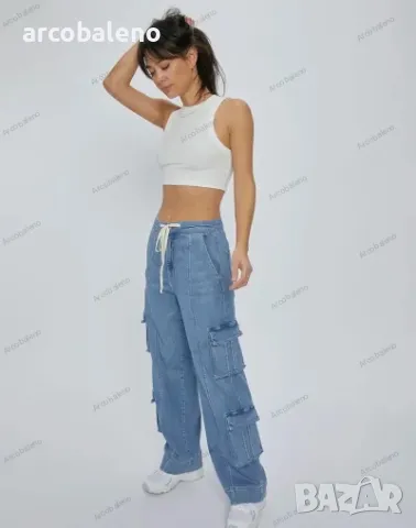 Модни дамски широки дънки с връзки Street Wash с много джобове