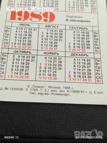 Старо календарче 1989г. Москва СССР За МИР и СОЦИАЛЕН ПРОГРЕС За КОЛЕКЦИЯ 35344, снимка 6 - Колекции - 51215601