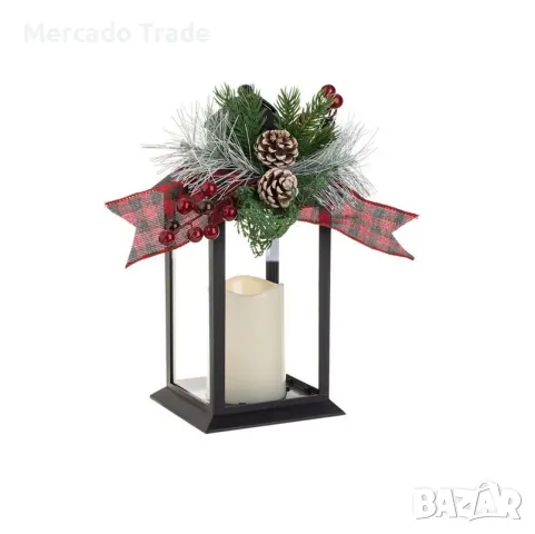 Коледен декоративен фенер Mercado Trade, LED свещ и клони, Черен
