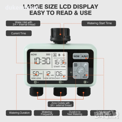 Таймер за поливане с 3 изхода, програмируеми графици, rain delay, ръчен режим, снимка 5 - Напояване - 52546606