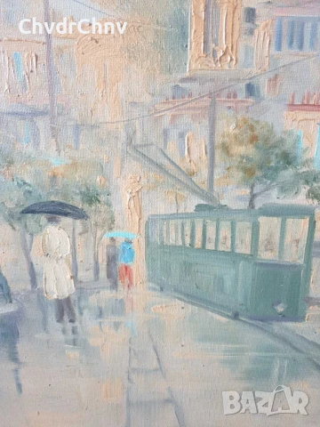 99х79см/голяма гръцка картина масло върху платно/градски пейзаж-трамвай-дъжд/дървена рамка, снимка 4 - Картини - 51177481