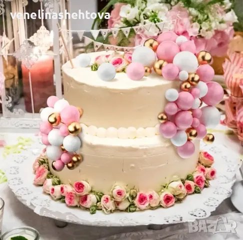 108 броя розови/бели/златисти топчета топки на тел за декорация на торта от стиропор, снимка 3 - Декорация за дома - 47808571