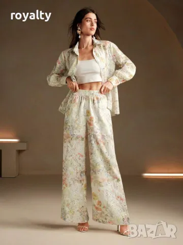 Елегантен комплект с флорални бродерии от тъкан плат 🍋🥥, снимка 5 - Комплекти - 49207328