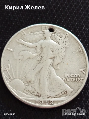 Сребърна монета половин долар 1942г. Америка продупчена за НАКИТ, НОСИЯ, КОЛЕКЦИЯ 43438, снимка 8 - Нумизматика и бонистика - 50989951