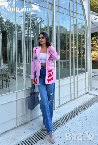 стилно дамско розово сако с щампи, снимка 4 - Сака - 49424117