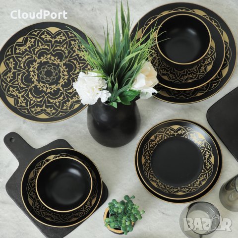 ПЪЛЕН СЕРВИЗ ЗА МАСА, KERAMIKA, 24 ЧАСТИ, КЕРАМИКА, ЖЪЛТО/ЧЕРНО, снимка 7 - Сервизи - 43582825
