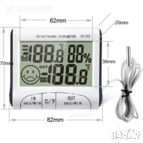 Термометър+влагомер - външна и вътрешна температура dc 103, снимка 4 - Други стоки за дома - 52129625