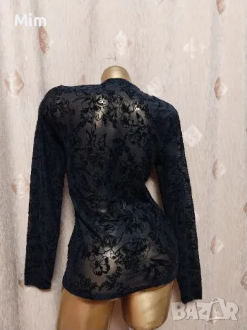 М Черна еластична прозрачна блуза с релефни кадифени цветя , снимка 3 - Блузи с дълъг ръкав и пуловери - 48494939