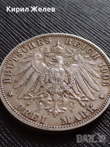 СРЕБЪРНА МОНЕТА 3 марки 1908г. ГЕРМАНСКА ИМПЕРИЯ Вилхелм втори Кайзер на Прусия УНИКАТ 33673, снимка 8 - Нумизматика и бонистика - 39695663