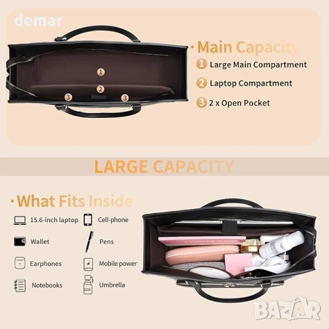 Чанта за обяд Jetviivid с отделение за лаптоп за жени, работна чанта от PU кожа с презрамка, черна, снимка 4 - Чанти - 51734553