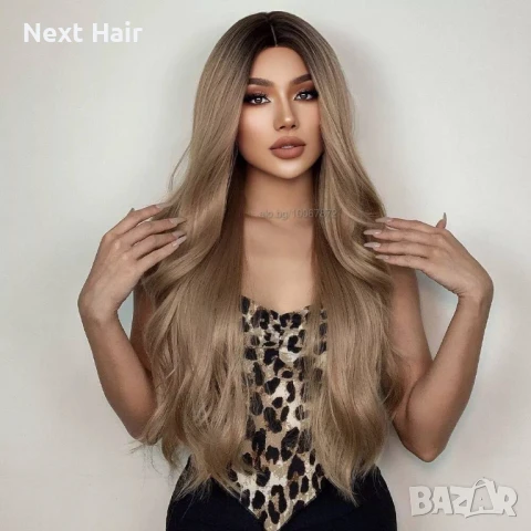 Дълга вълнообразна тъмно руса омбре перука с тъмни корени на път, снимка 5 - Аксесоари за коса - 51086921