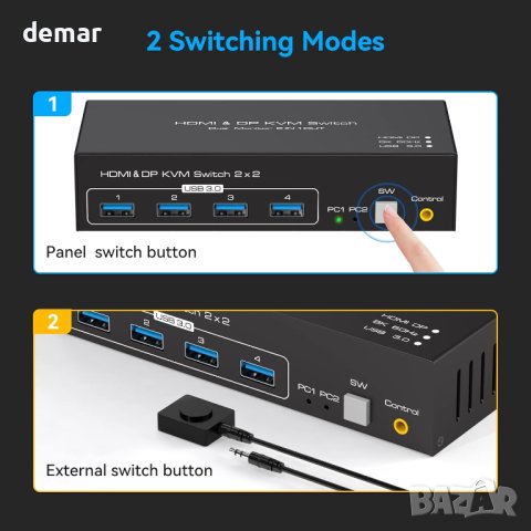 VPFET HDMI&DP KVM превключвател 2 монитора 2 компютъра 4K120HZ 8K60HZ, снимка 5 - Кабели и адаптери - 44081912