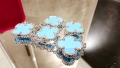 Van Cleef & Arpels VCA Silver Turquoise 5 Motifs Vintage Alhambra Дамска Гривна, снимка 4