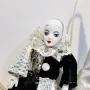 Колекционерска кукла Пиеро върху плюшен сребърен полумесец - с порцеланова глава, ръце и крака., снимка 4