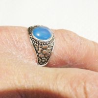 Стар Мъжки сребърен пръстен, Старинен красив сребърен пръстен със светло син кварц и красиви мотиви, снимка 3 - Пръстени - 32467246