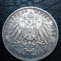 3 марки 1909 година Баден Германия сребро, снимка 1 - Нумизматика и бонистика - 40526149