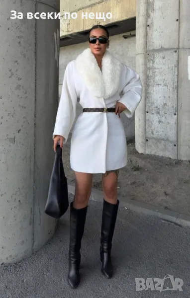 Дамско Бяло Палто С Коланче Код A391, снимка 1