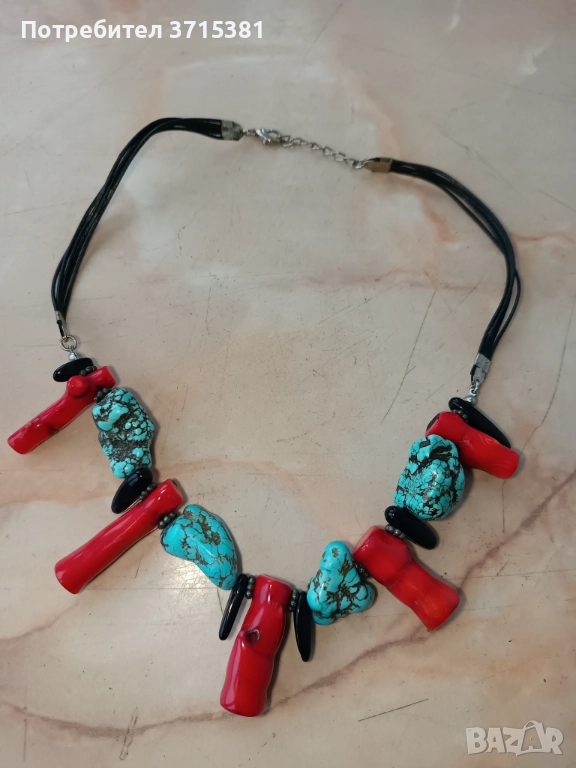 Колие с червен корал и тюркоаз, снимка 1