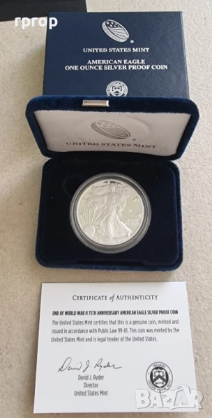 САЩ.
1 долар.
2020 г.
Сребро.
75 години от края на Втората световна война.
, снимка 1