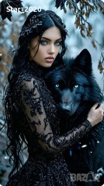 Светеща картина с LED осветление - жена и вълк 4, снимка 1